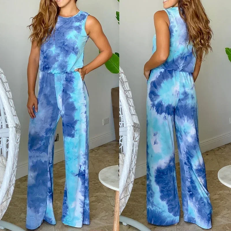 

New Summer Casual Tie-dye Ladies Jumpsuit Fashion Sleeveless Suspenders Printed Tie-dye Loose Wide-leg Loose Jumpsuit