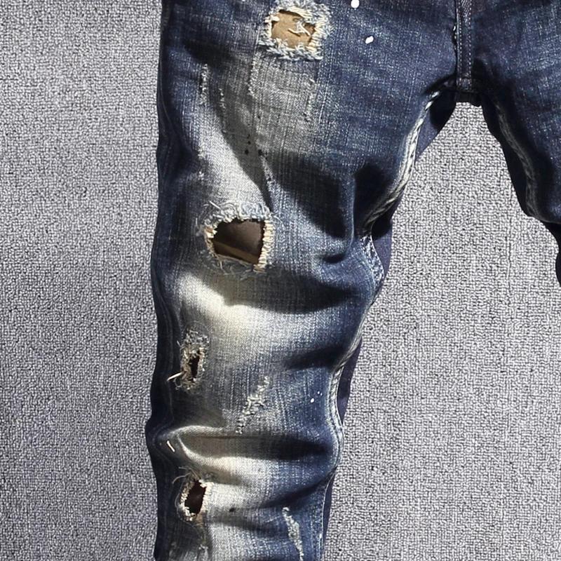 Street Fashion Men Jeans Retro Black Blue Stretch Slim Ripped Jeans Men Hole Trousers Vintage Designer Casual Denim Pants Hombre
