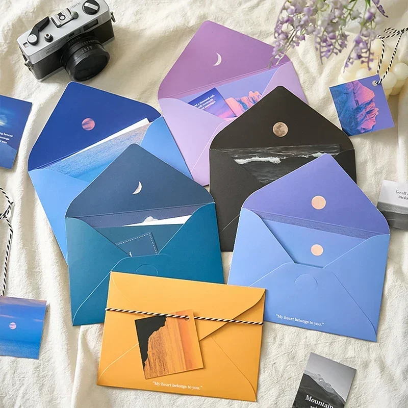 Kraft Paper Envelopes Mailing Envelopes Mini Envelopes Window Envelopes Mailing Bags Gift Card Envelopes 8pcs/Set Moon Sea Series Envelopes with Letter Pads DIY Greeting Cards Postcards Cover Korean Stationery Office Memo Cards