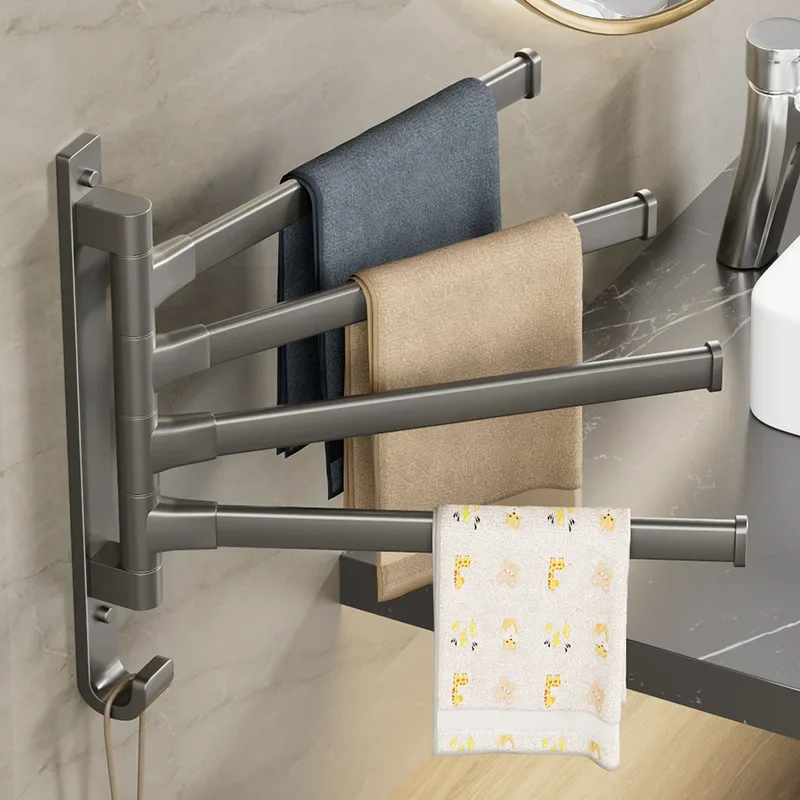 Rotating towel rack bathroom towel storage rack bathroom corner punch-free hanging rod single rod space aluminum