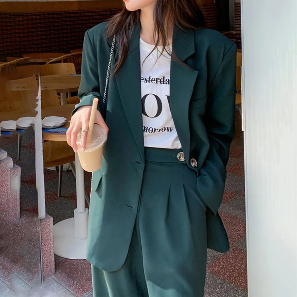Women's 2023 Fashion New Single Breasted Loose Dark Green Blazer Set Female Jacket+Casual Wide-Leg Pants Suit Outerwear Outfit