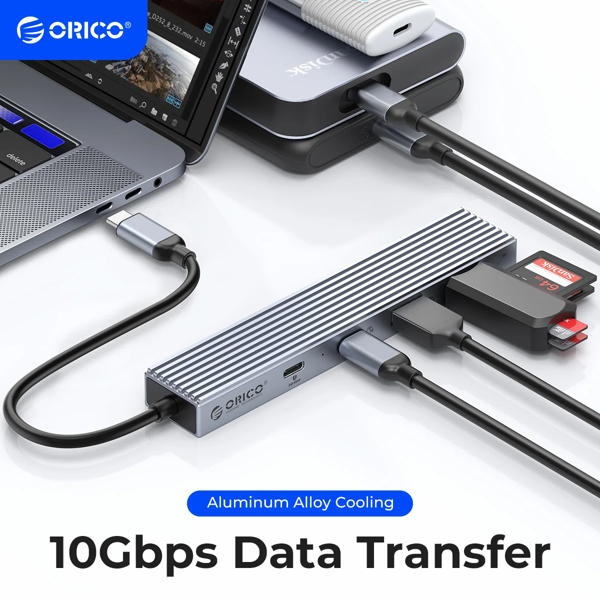 Orico-tipo c Hub Usb tipo c Usb 3.2 10gbps Portas Compatível com Pd100w sd tf Splitter Adaptador Otg Adequado para pc Acessórios de Computador