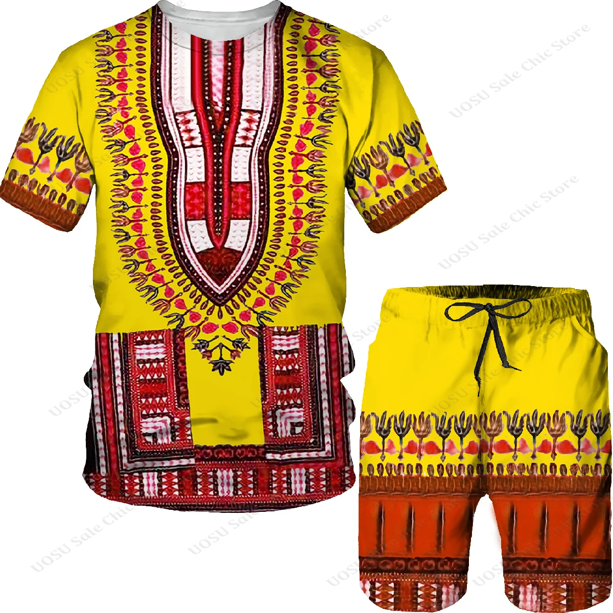 Men's Tracksuit Summer African Totem Printed T Shirt Sets Oversized Ethnic Primitive Tribal Graphic Traditional 2 Pieces Clothes