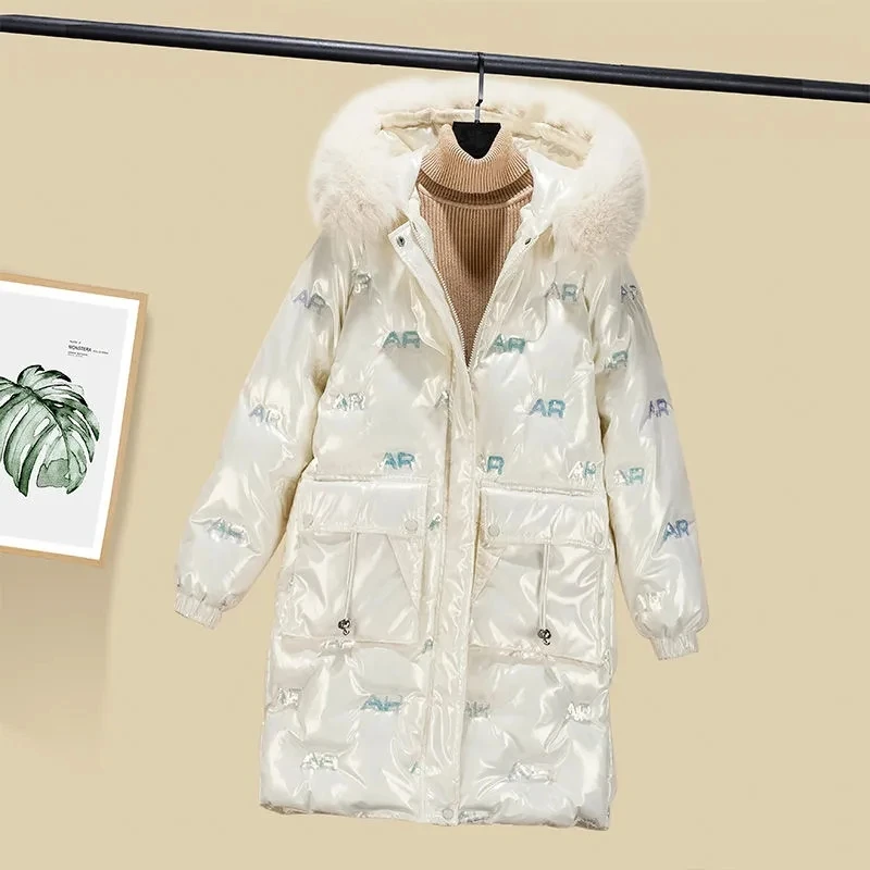 

Down Cotton Jacket Women 2022 Winter New Fashion Versatile Shiny Casual Padded Coat Female Fur Collar Hooded Thick Long Parkas