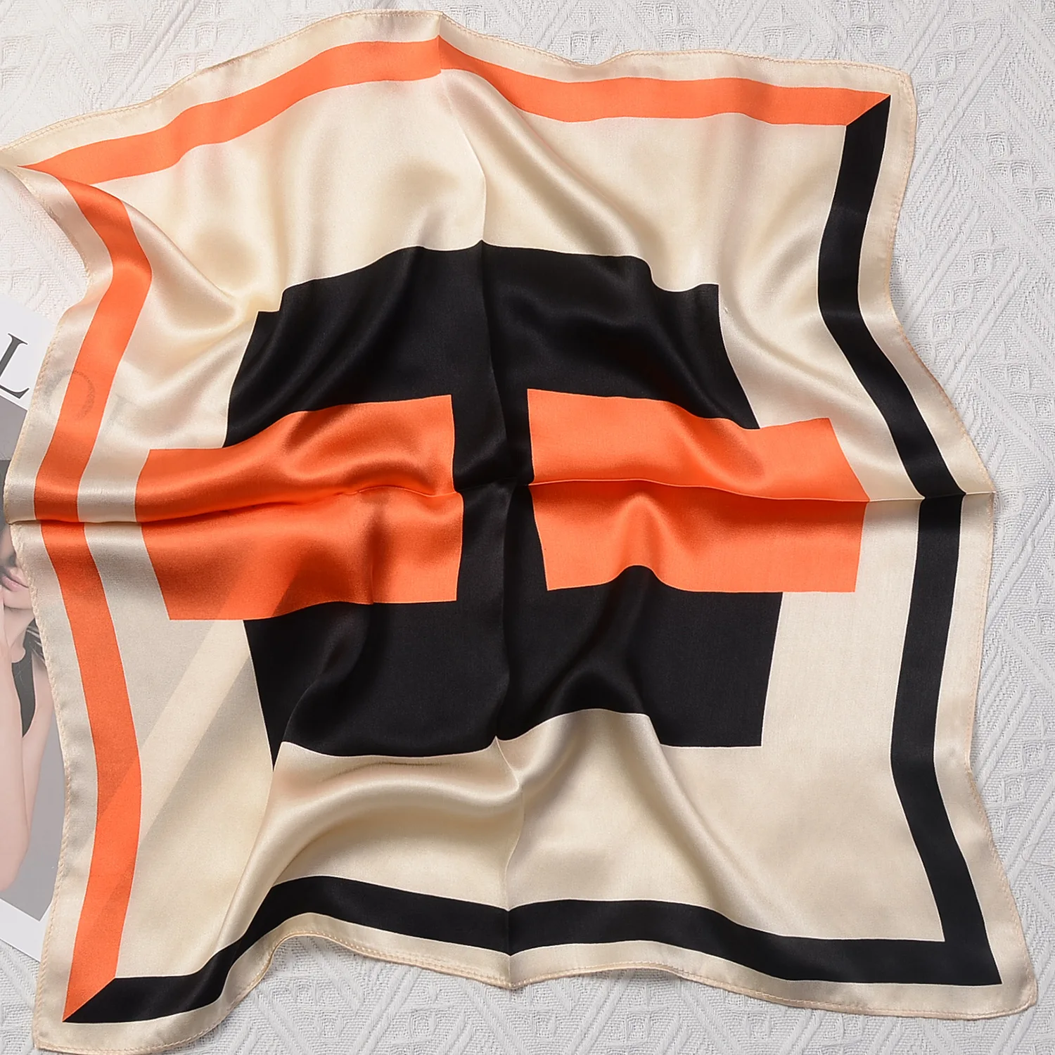

53cm 100% Pure Silk Scarf Women Neck Hair Foulard Bandana Square Small Headband Hijab H Letters Print Poncho Scarves Pashmina