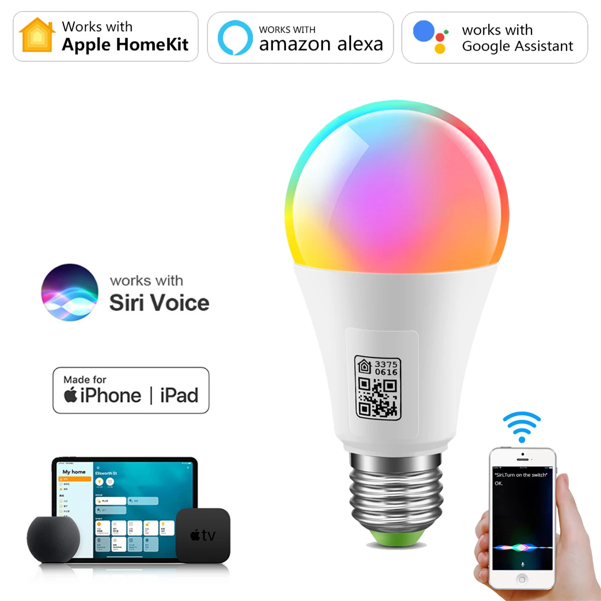 홈킷 LED 스마트 와이파이 전구 E27 램프, MFI 인증, 여러 가지 빛깔의 밝기 조절 LED 전구, 시리 알렉사 에코, 구글 어시스턴트 작동