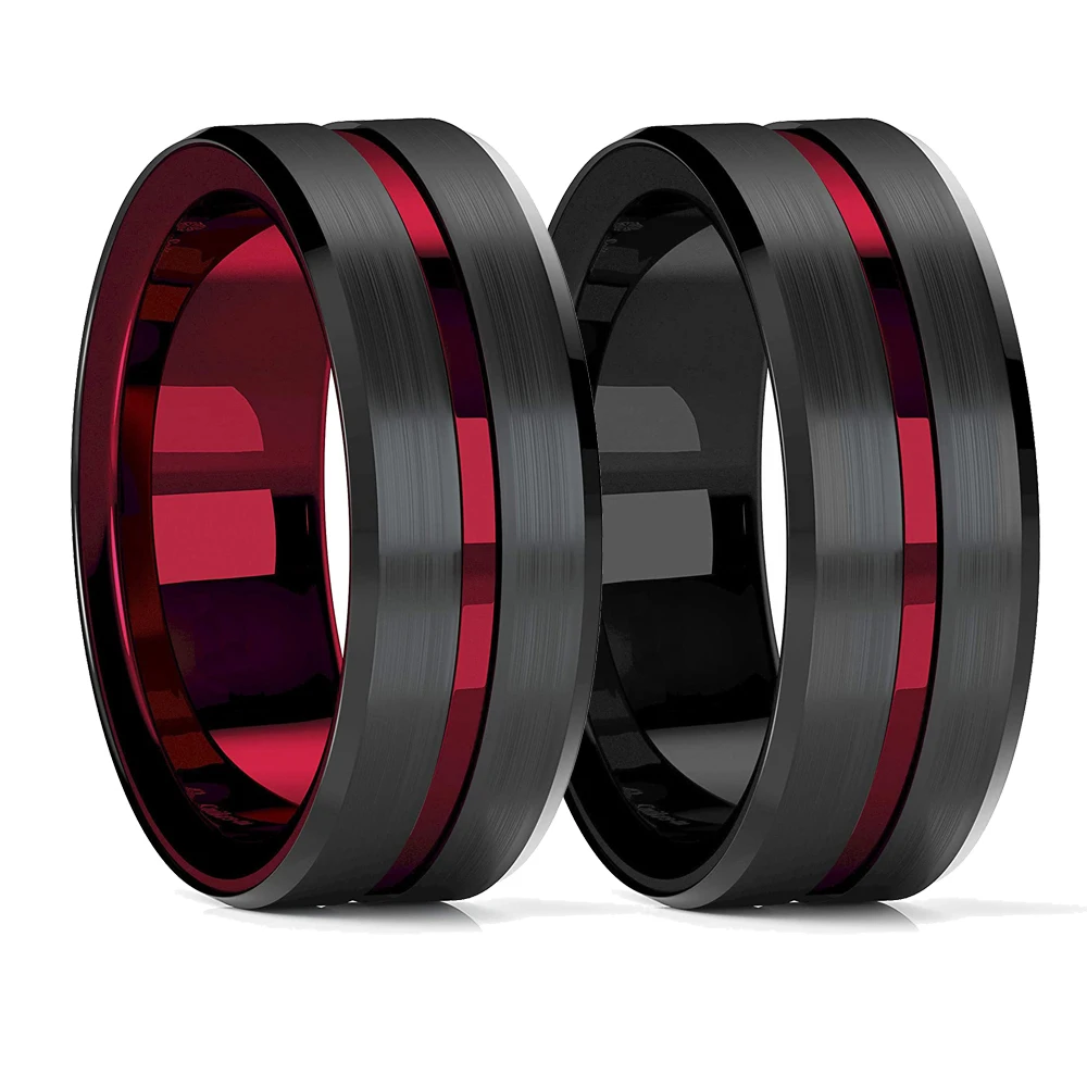 Stainless Steel Ring 8mm Red Groove Beveled Edge Black Stainless Steel Ring For Men Black Brushed Steel Engagement