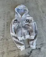 Hip hop Embroidered Oversized Sweatshirt Crown Grey Set Retro Stripe Embroidered Zipper Hoodie Sweatpants Set Mens Two Piece Set 2