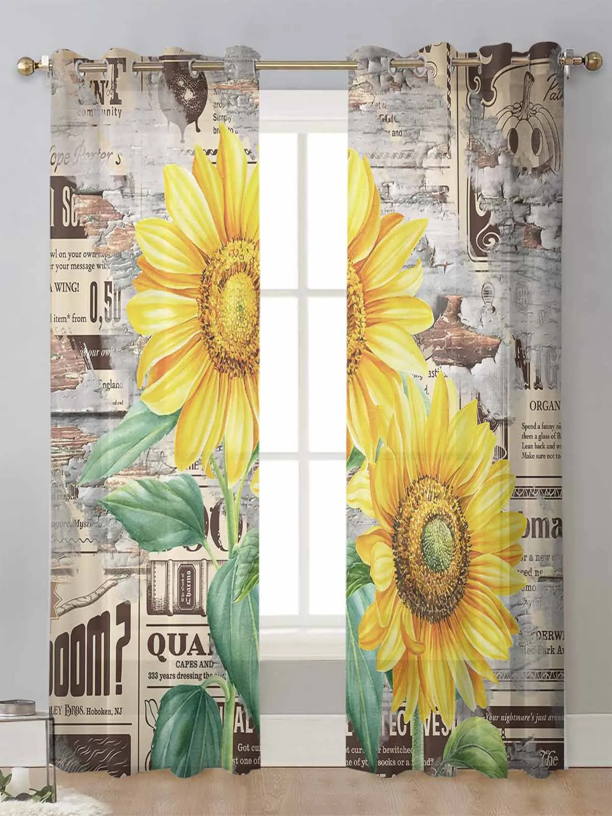 

Sunflower Watercolor Wood Grain Retro Newspaper Plant Sheer Curtains Living Room Window Voile Tulle Curtain Drapes Home Decor