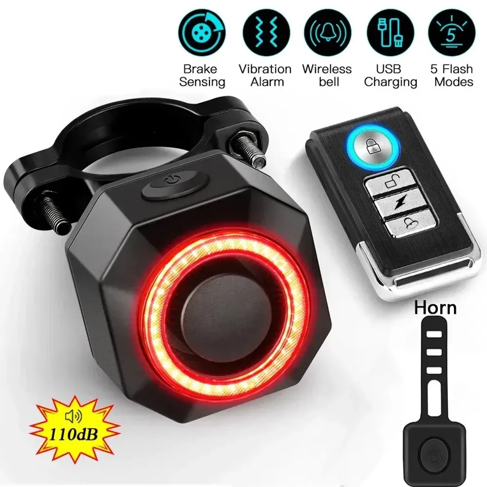 Bicycle Rear Light Bicycle Burglar Alarm Taillight Waterproof Smart Auto Brake Sensing Tail Lamp Remote Control USB Charge bike rear light