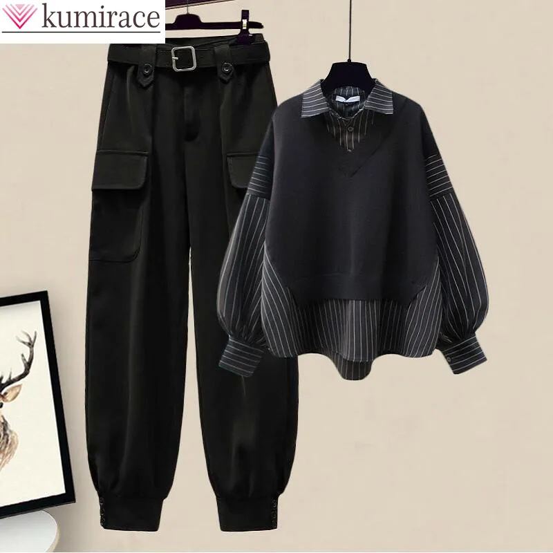 Autumn 2022 Loose Knit Sweater Patchwork Shirt Casual Overalls Two-piece Elegant Women's Trousers Suit Fashionable Work Clothes pet knit clothes dog hoodie sweater