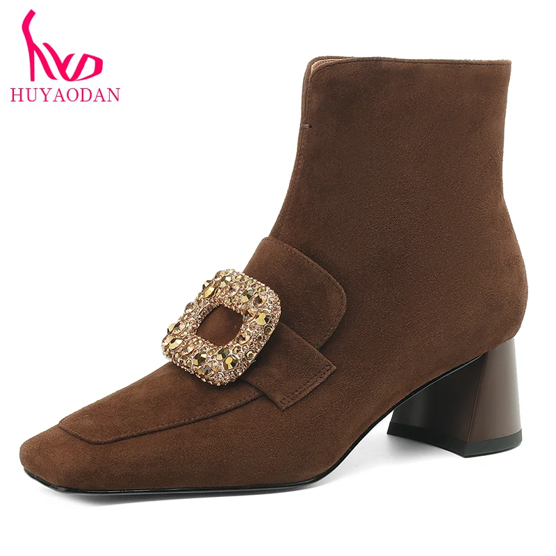 

HUYAODAN New Brand Genuine Leather Square Heels Black Brown Retro Dress Party Office Lady Autumn WInter Warm ANkle Boots Size 40