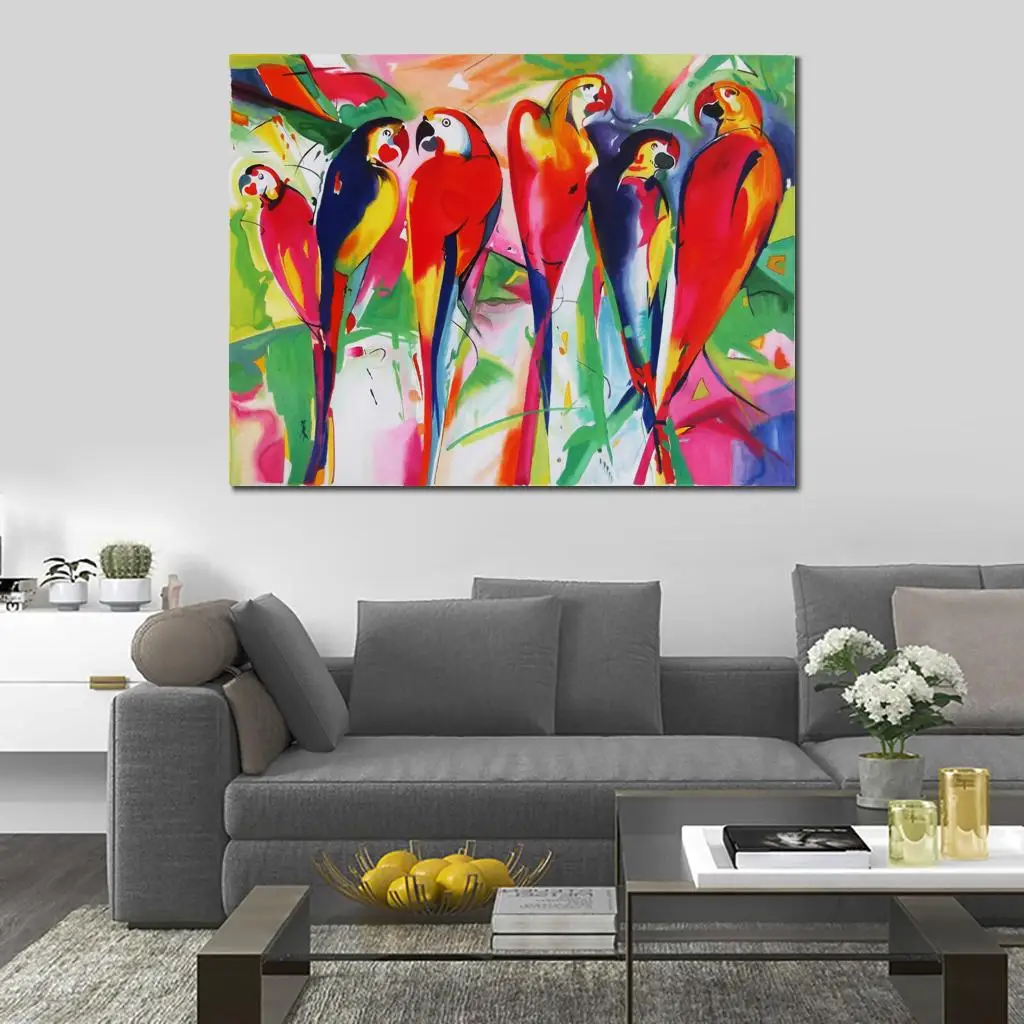 

Modern Oil Painting on Canvas Parrot Family Handmade Animal Art Picture for Home Wall Decor