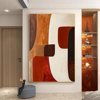 Grande pittura geometrica astratta fatta a mano pittura marrone scuro pittura rossa arte della parete beige minimalista tela pittura soggiorno deco