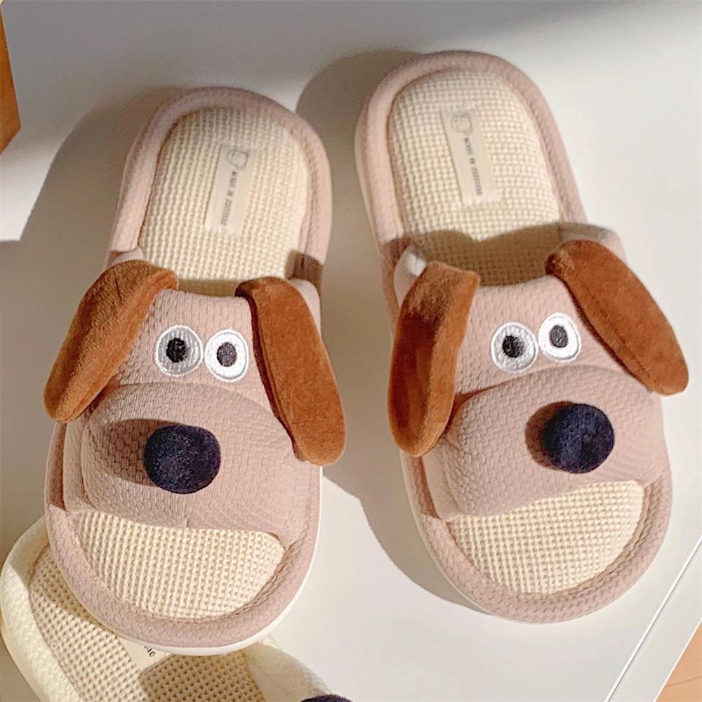 Ladies Soft Sole Casual Couple Style New Shoes Ventilated Comfortable Cute Puppy Pattern Design Non-slip Linen Home Slippers — view 4