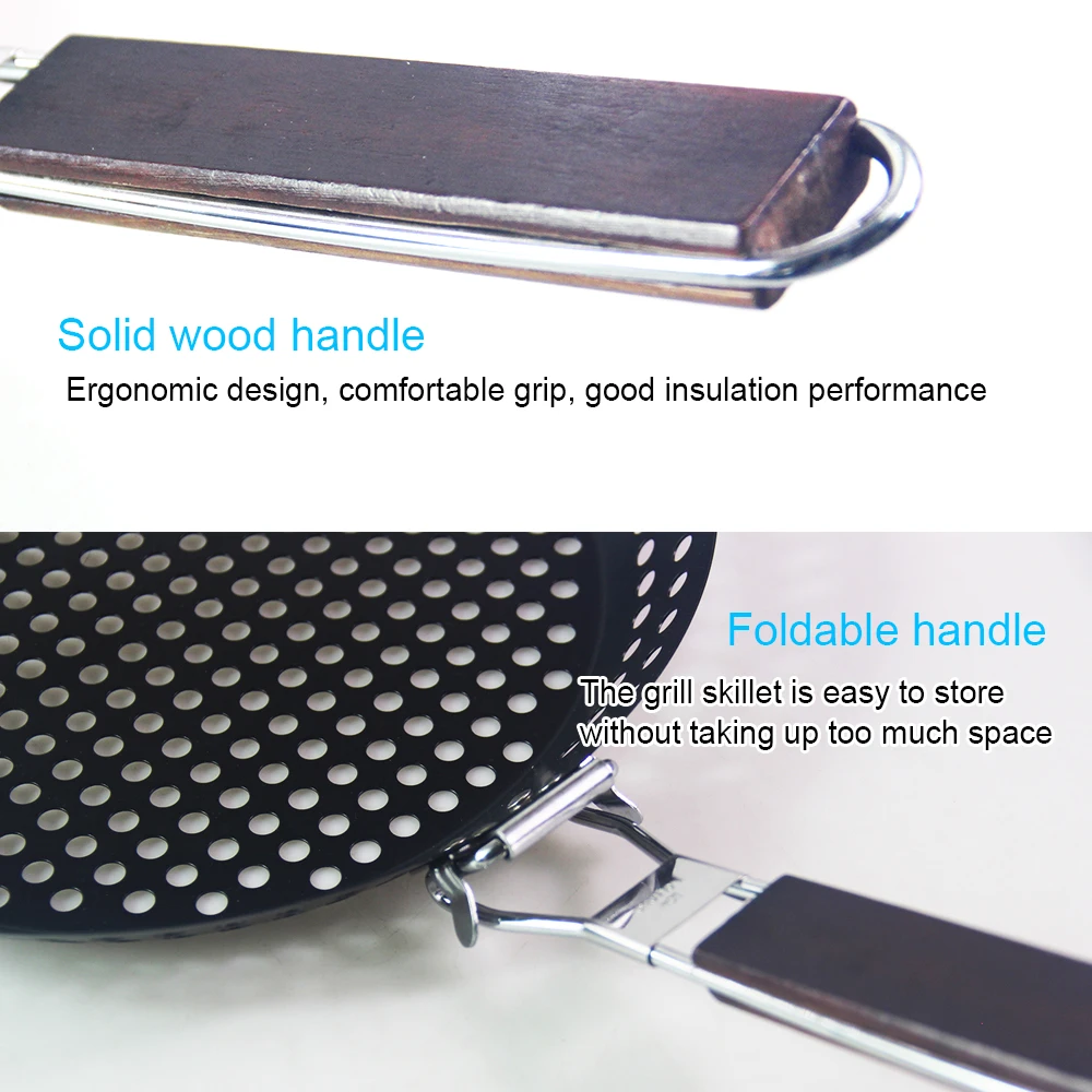 Grilling Skillet Non-stick Metal Folding Wooden Handle with Holes Removable Handle for Outdoor Grill Topper Barbecue Pan