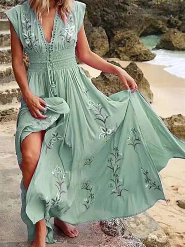 Summer Maxi Dress Women Elegant Vintage Sleeveless V Neck Floral Print  Large Hem Long Polyester Dress for Party Dating Daily - AliExpress