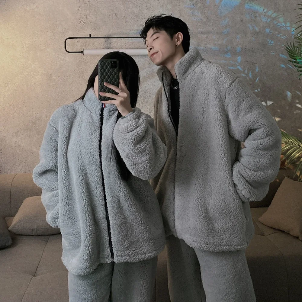 겨울 여성 코랄 플리스 홈웨어 수트 커플 긴 잠옷, 두꺼운 벨벳, 따뜻하고 부드럽고 편안한 잠옷 세트