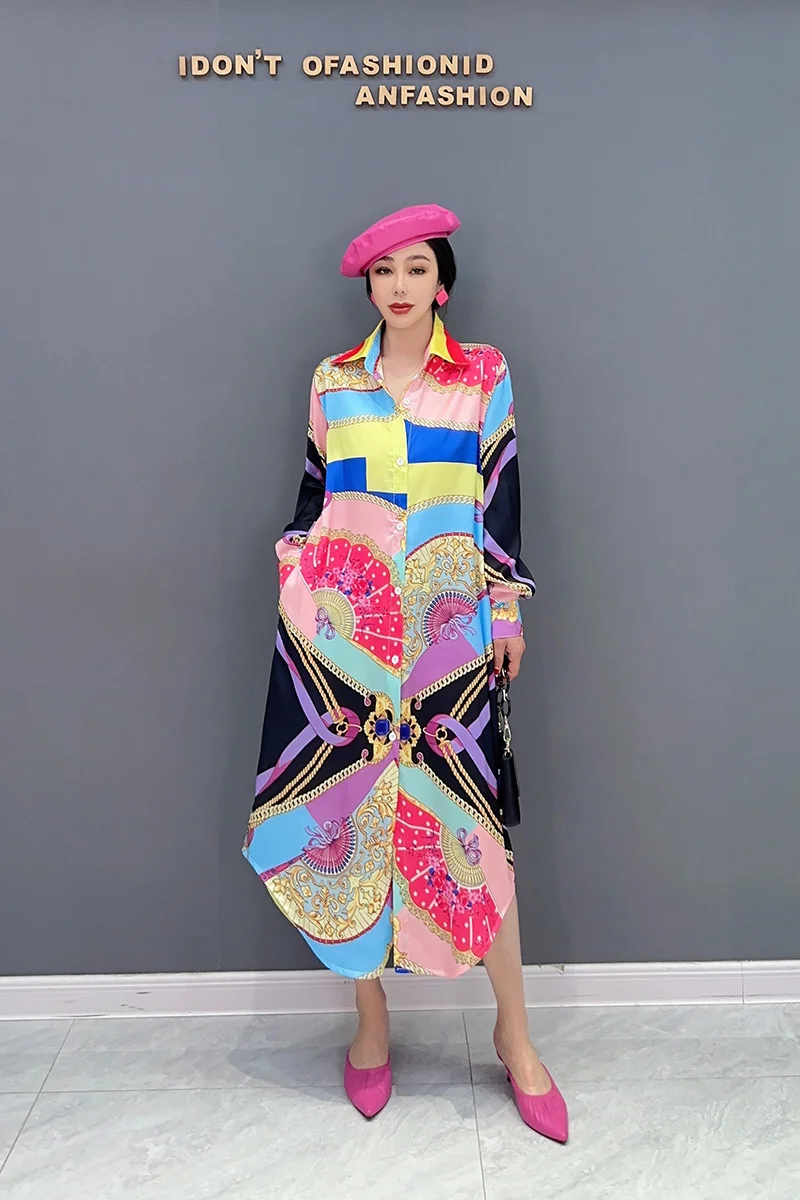 SHENGPALAE-vestido solto para mulheres, padrão colorido impresso,