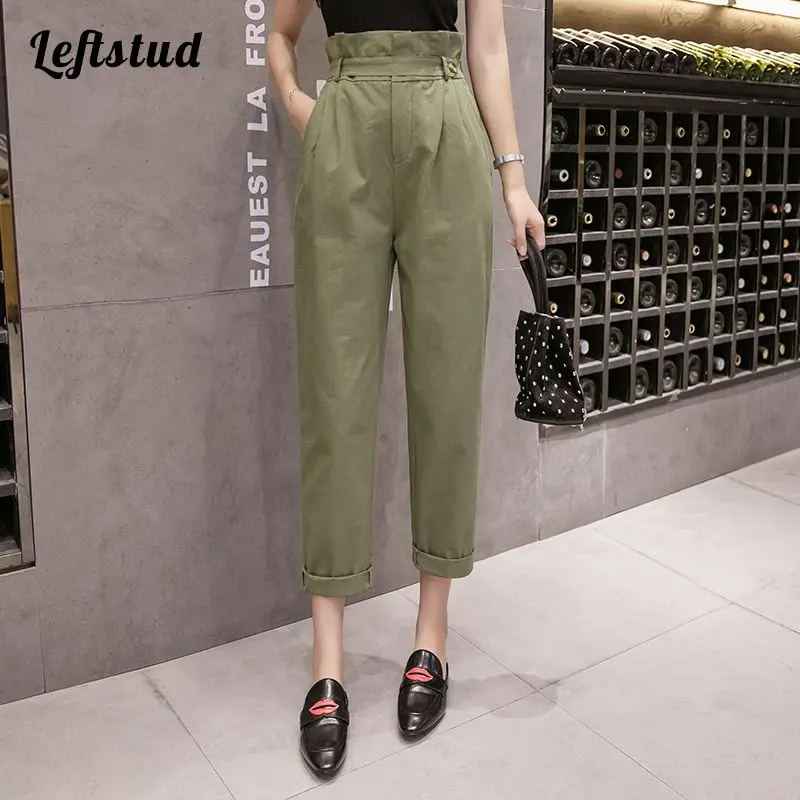 High Waist Pleated Blendes Cotton Women's Cargo Pants 2022 Autumn Solid Color Korean Fashion Casual Ankle-length Pants for Women ins ripped high waist skinny pants invisible open crotch jeans for women 2022 summer slim fit slimming pencil ankle length pants