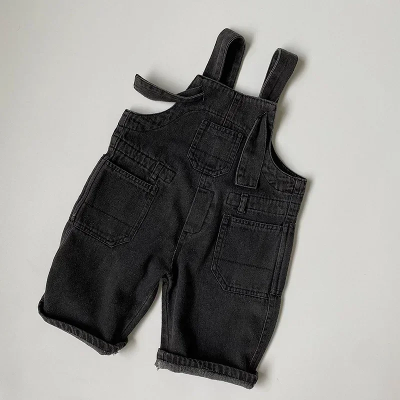 

Korean Style Kids Casual Overalls Baby Boys Girls Denim Pants Solid Color Denim Pocket Loose Suspenders Autumn Spring Overalls