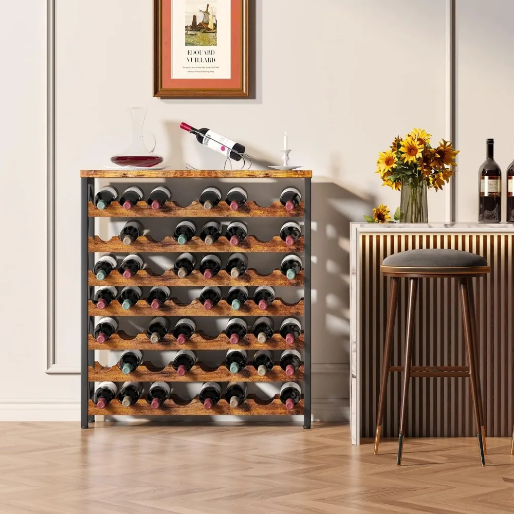 56-Bottle Freestanding Wine Rack, Wooden Wine Rack Storage Shelf, Stackable Bottle Rack with Tabletop for Living Room