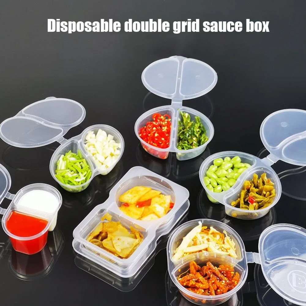 Description Picture 3 of item15Pcs Disposable Plastic Takeaway Double Sauce Cup Containers Food Box With Hinged Lids Small Pigment Palette Case