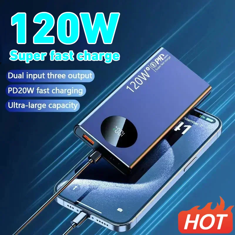 New 120W 50000mAh High Capacity Power Bank Type-C Fast Charging Portable Battery Charger For iPhone Samsung Huawei Xiaomi