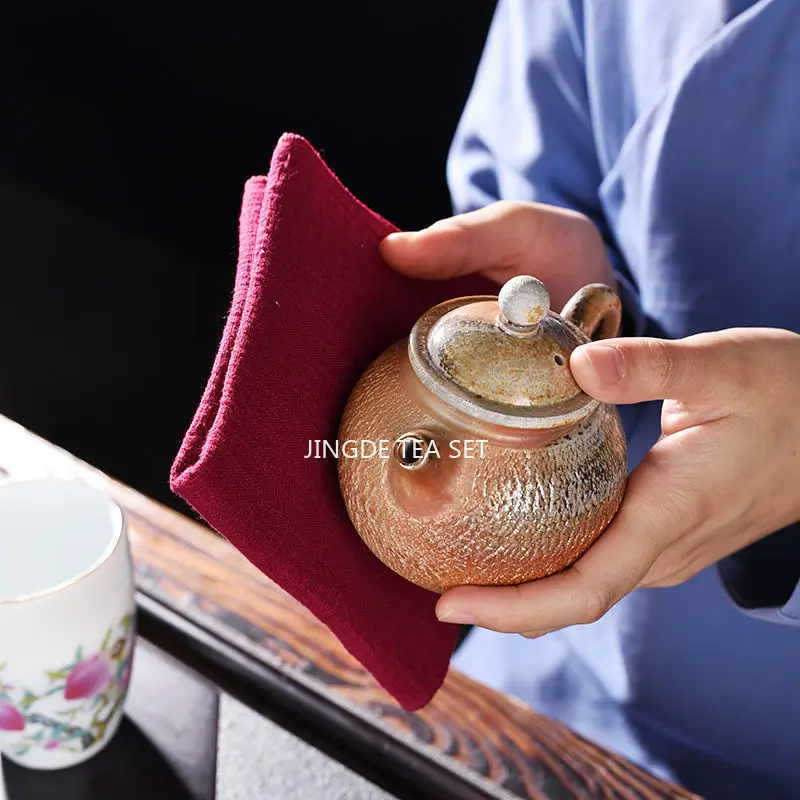 Square Auspicious Cloud Zen Inspired Water Absorbing Tea Towel, Purple Clay Teapot, Pure Cotton Towel, Tea Cushion Cloth 26X26CM