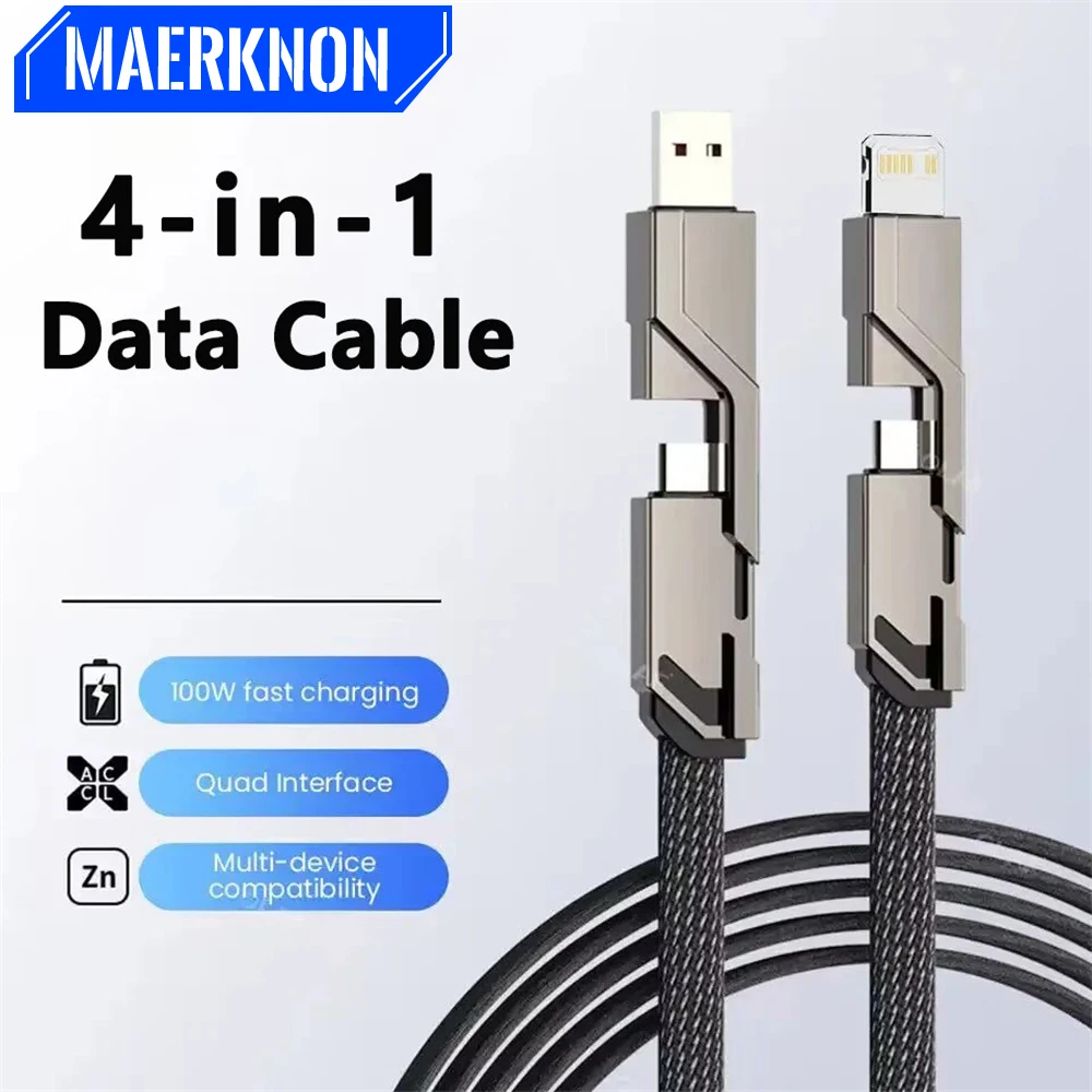 

Кабель USB Type-C 4 в 1, 100 Вт, кабель для быстрой зарядки телефона, шнур для iphone 15, 14, Xiaomi, Huawei Mate 40, Универсальный зарядный шнур USB C