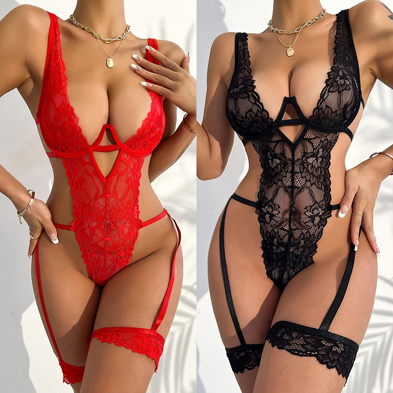 Sexy Lingerie Sexy lingerie Transparent Lace Bodysuit Sexy Cutout Lingerie Pajamas Deep V Bodysuit Mesh Floral Open Crotch Teddy Erotic