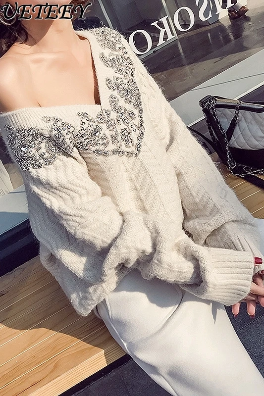 

Heavy Industry Chic Beaded White V-neck Jumper Sweater Women Loose Casual Knitted Bottoming Sweater 2023 Autumn Winter Sweaters