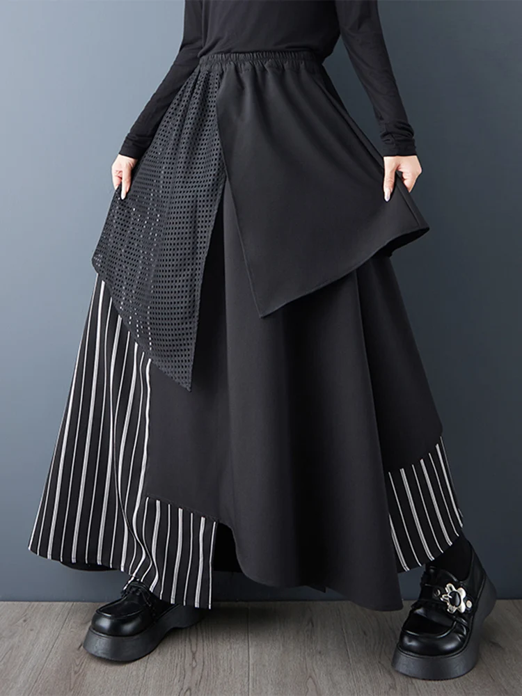 Black Vintage Stripe Irregular High Waist Skirt Women New Spliced Loose Casual Long Skirts Fashion Clothes Spring Autumn 2025