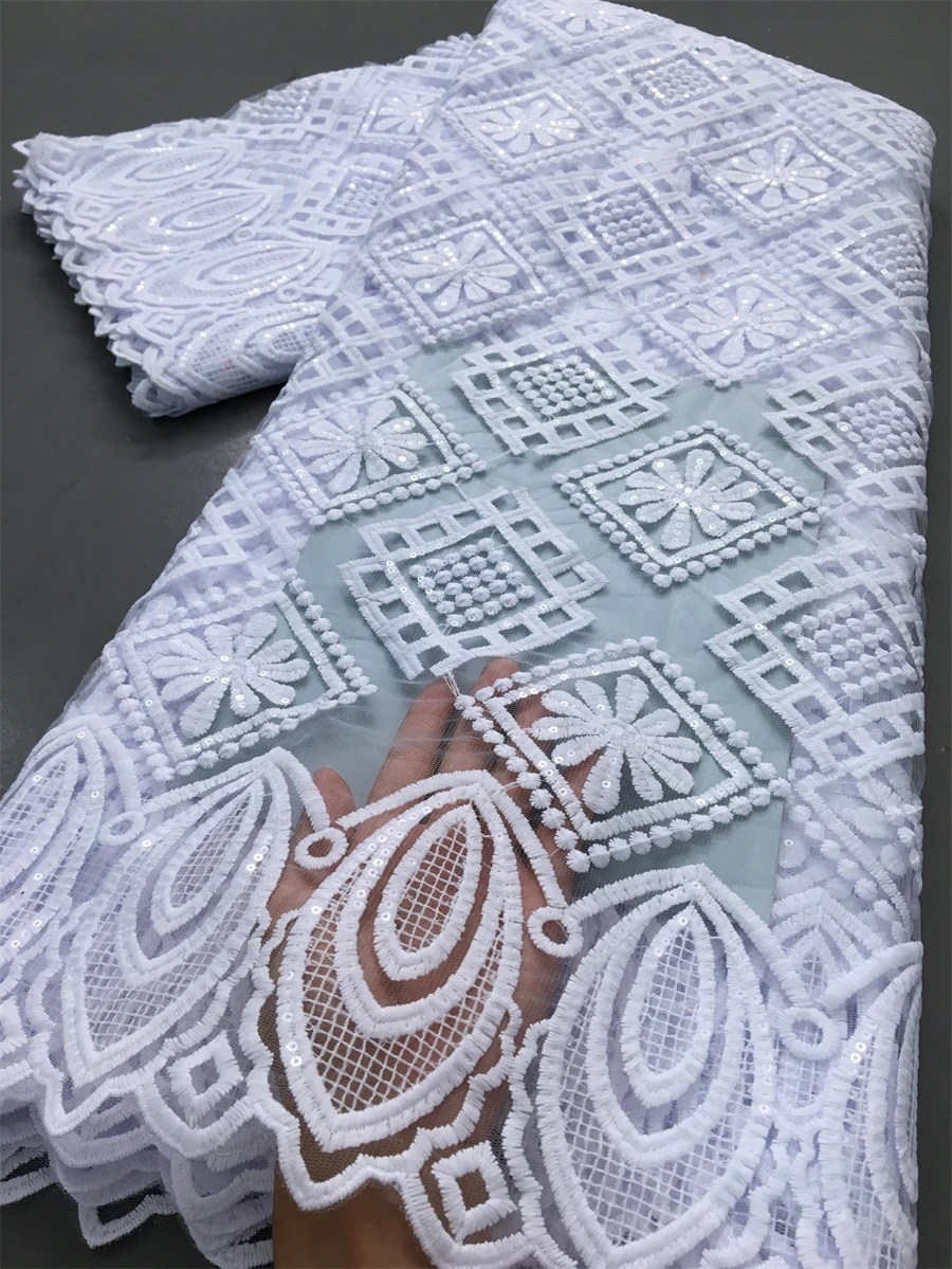 Lace Fabric African Guipure Cord Nigerian Water Soluble Sequins Embroidered 2.5yards