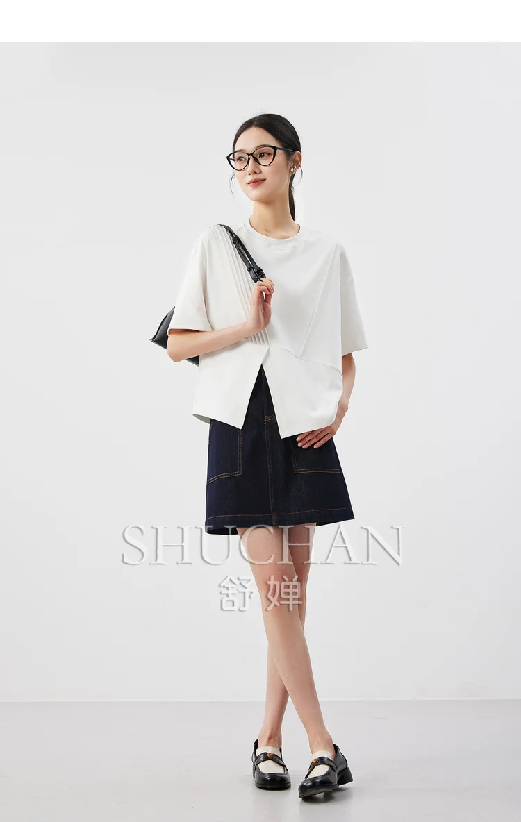 

New Splicing Design Sense and Cuts T T-shirt Women 96% Cotton Split T Shirt Women Short Sleeve Loose Fashion Top