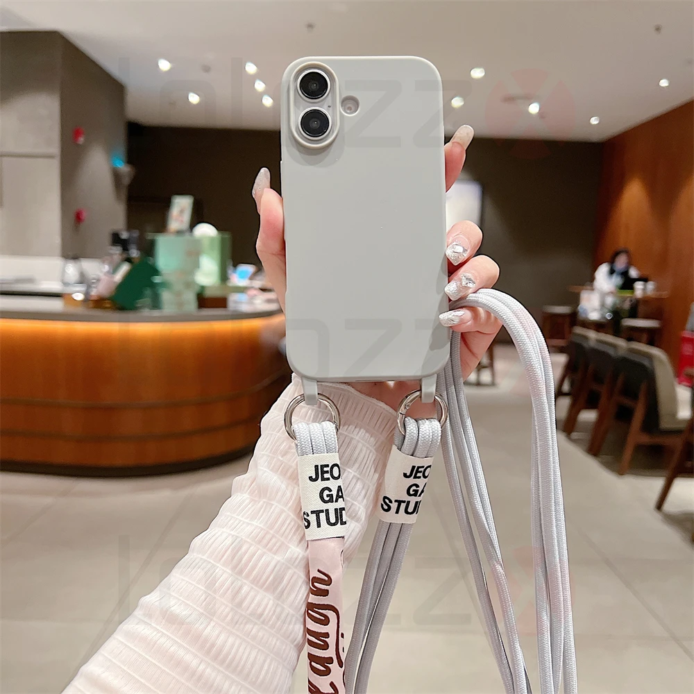 Crossbody Necklace Strap Cord Matte Soft Phone Case For iPhone 16 15 Pro Max 14 Plus 13 12 11 Liquid Silicone Shockproof Cover_voghion.com