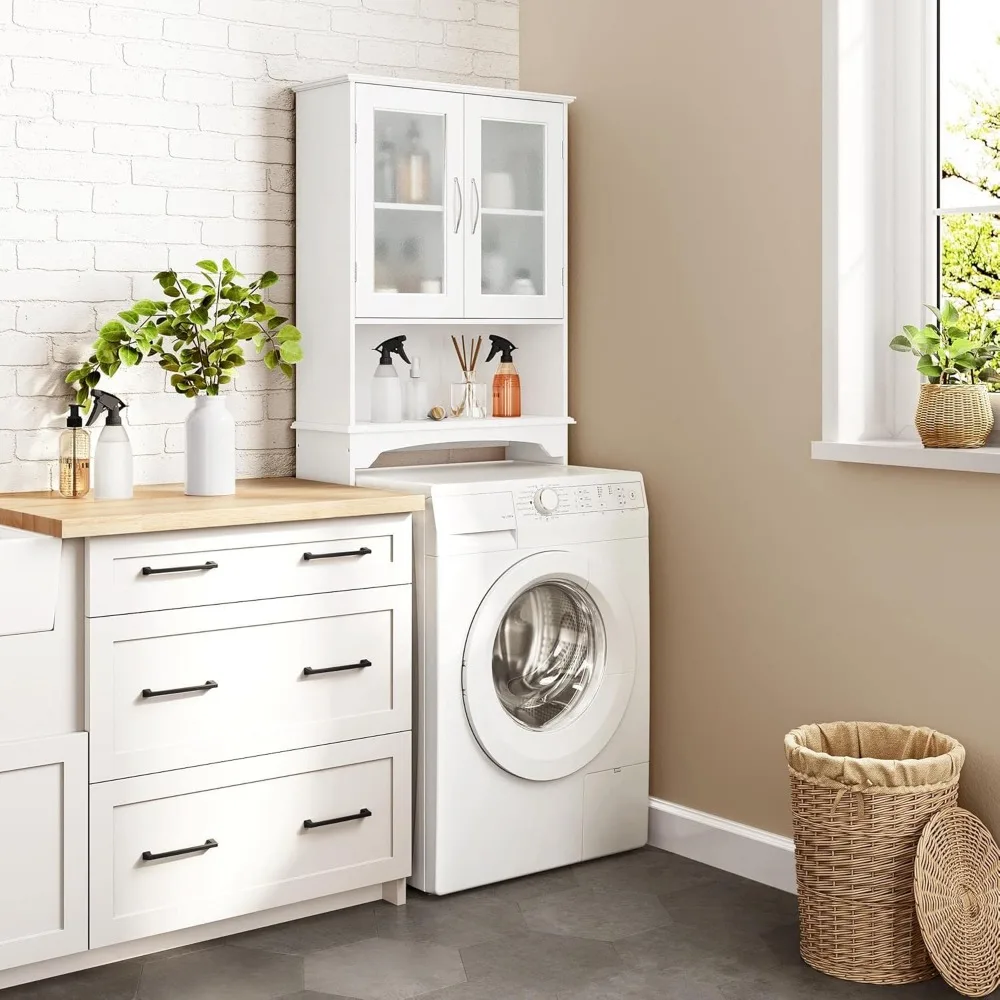 Over The Toilet Storage Cabinet with Double Tempered Glass Doors and Adjustable Shelf, Freestanding Bathroom Storage 4