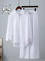 Summer Outfits for Women 2023 Fashion Loose Elastic Wrinkle Long Sleeve Shirt Wide Leg Pants Casual Set for Women 2 Piece Set - Image 5