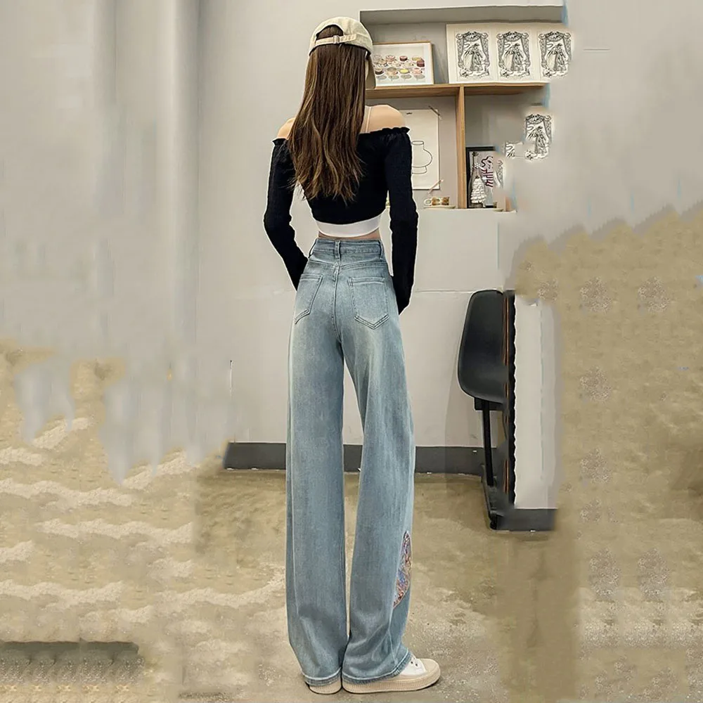 High Waist Retro National Style Embroidered Wide-leg Jeans Female Summer Loose Slim Narrow Straight Casual Mop Pants Female.