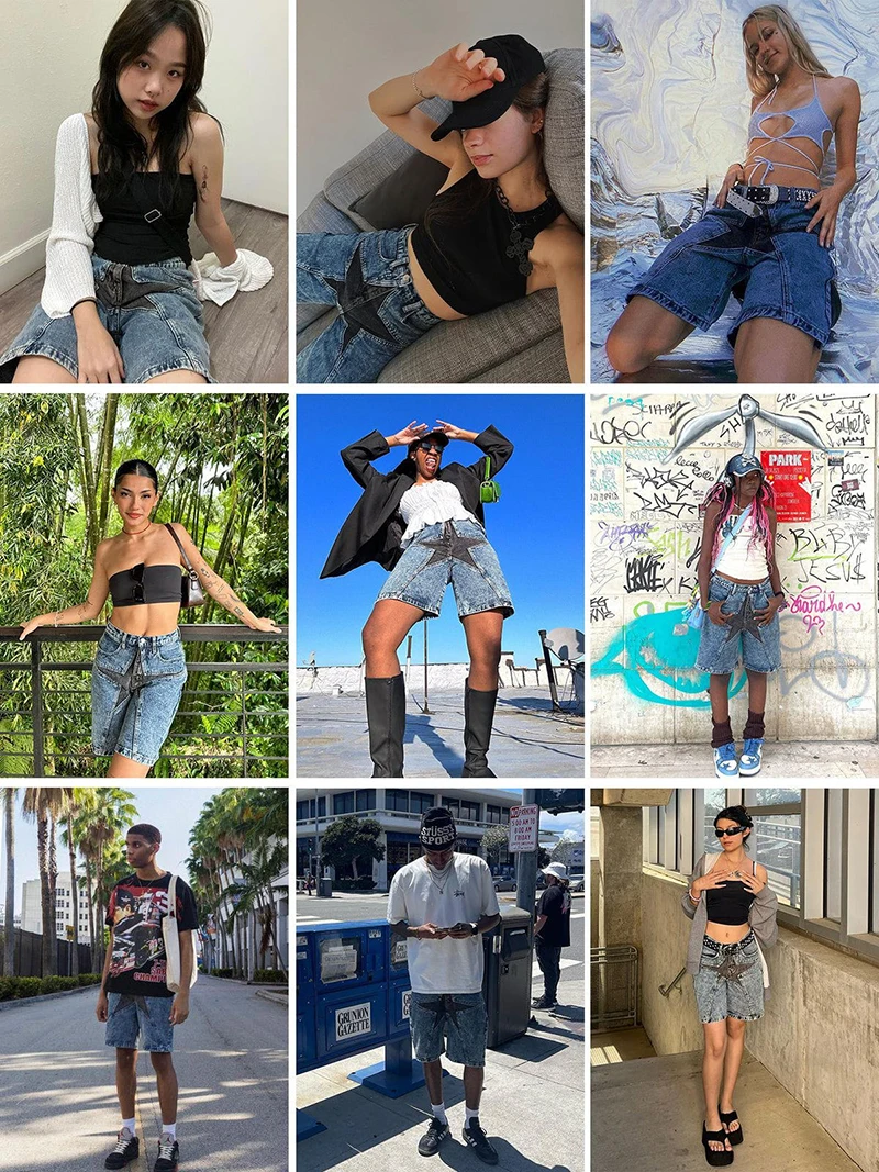 Aelfric Eden Star Patchwork Denim Shorts Men Summer Hip Hop Streetwear Shorts Y2K Harajuku Casual Track Sweatpants