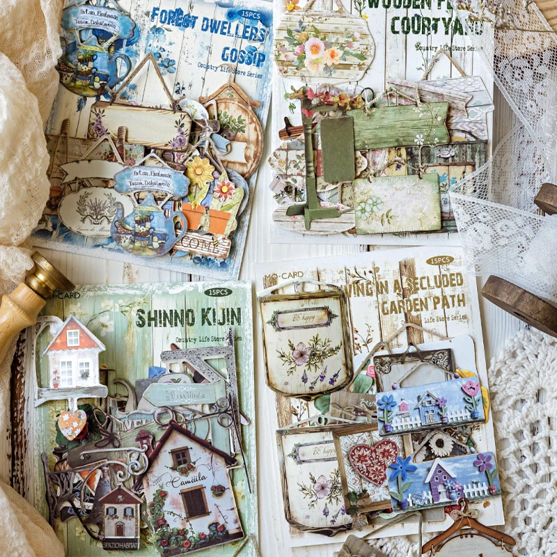 60pcs 목가적 인 생활 식료품점 시리즈 중공 하드 카드 스티커 핸드북 콜라주 DIY 사진 프레임 전화 케이스 노트북 달력 ...