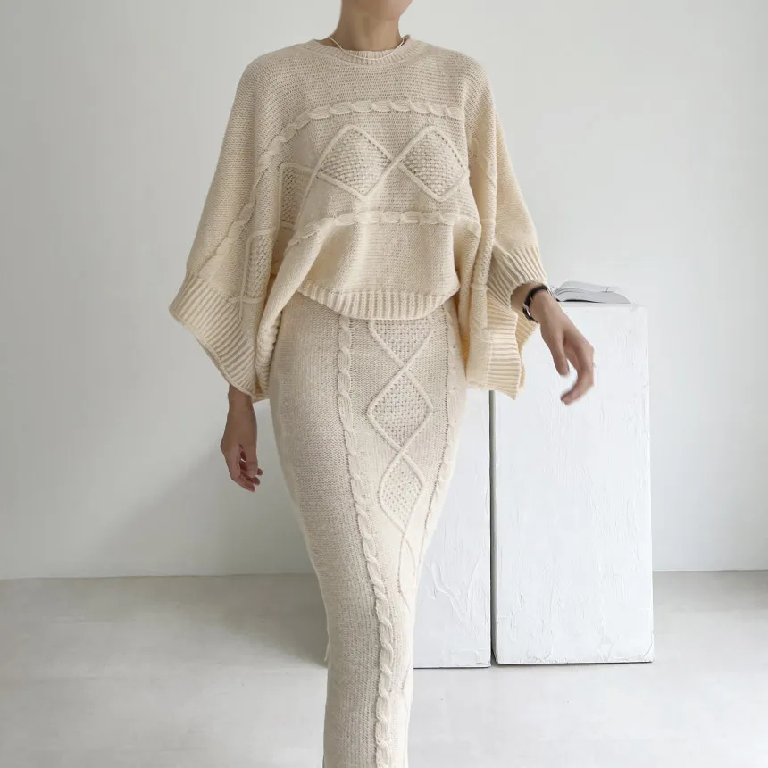 

Chic Vintage Knitted 2 Piece Sets Women Loose 2022 Autumn Batwing Sleeve Sweater + High Waisted Skirts Ladies Korean style Sets