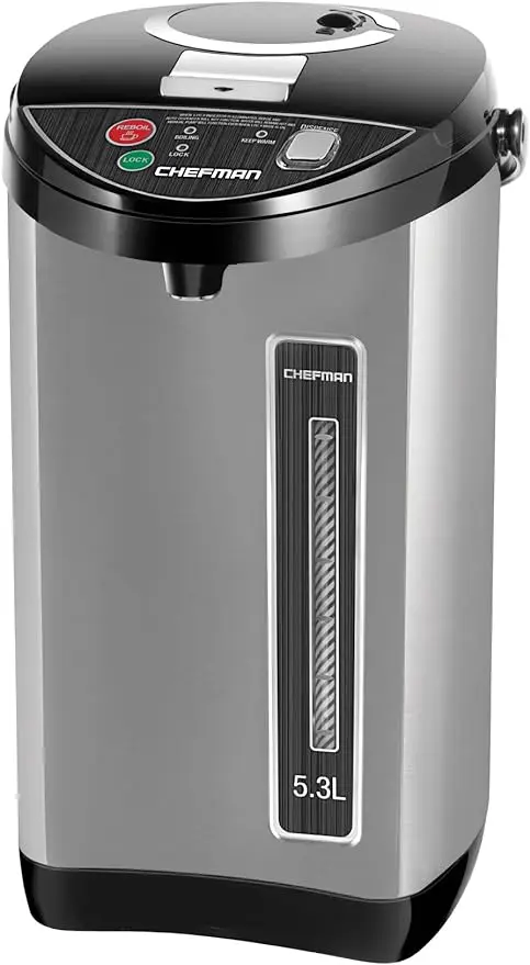 Chef electric kettle urn with automatic and manual dispensing buttons, safety lock, instant heating of coffee and tea