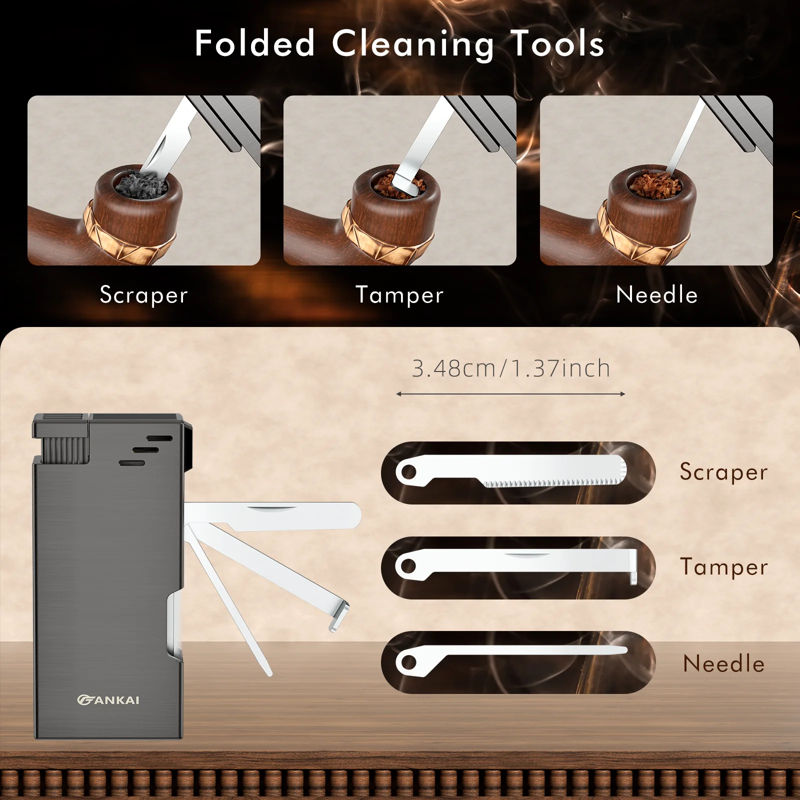 Multifunctional Pipe Lighter Built-in Stand 3 in 1 Cleaner Tools Refillable Butane Angled Soft Flame