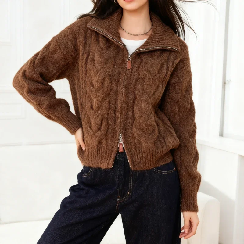 New Fashion Autumn and Winter Women's Turn Down Collar Zipper Long Sleeve Sweater Casual Straight Cardigan Knitwear Office Top