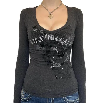 Women Autumn Fairy Grunge T-shirts Tops Y2K Long Sleeve Vintage Graphic Shirts E-Girls Aesthetic Tees Gothic Clothes Streetwear 1