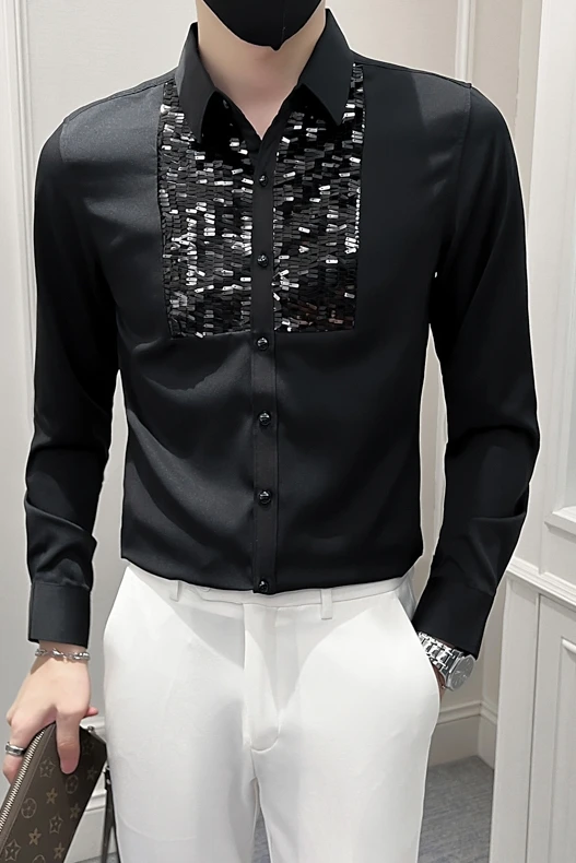 Black Luxury Party Shirts For Mens White Sequin Decoration Slim