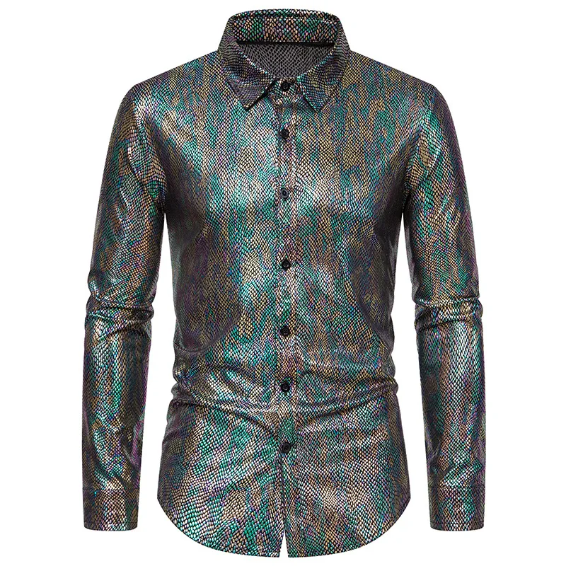 

Mens Sexy Snake Pattern Metallic Dress Shirts Long Sleeve Button Up Shirt Men 70s Disco Dance Party Nightclub Prom Chemise Homme