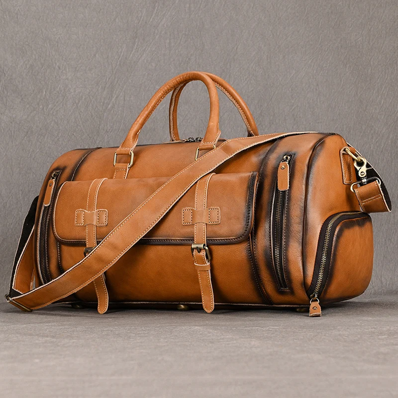 Luufan Men Genuine Leather Travel Bag With Shoes Pocket Retro Real Leather Travel Bag Vegetable Duffel Large Capacity Tote