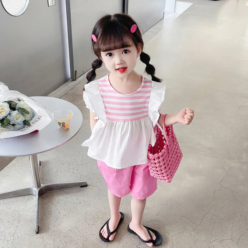 

2023 Summer Children Casual Clothing Sets for Baby Girls Stripe Tops Shorts 2 Pcs Kids Princess Clothes Infant Outfits 2-8 Years